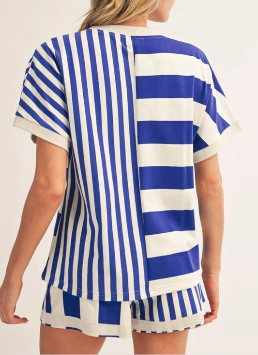 Blue & White Stripe Shorts Set