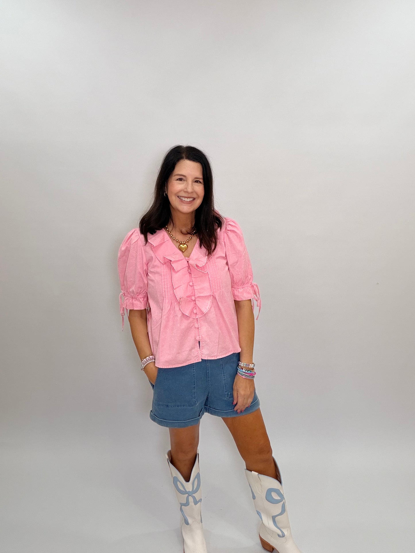 Denim Pink Ruffle Top