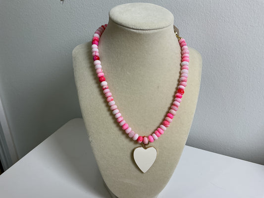 Beaded Pink necklace with white heart