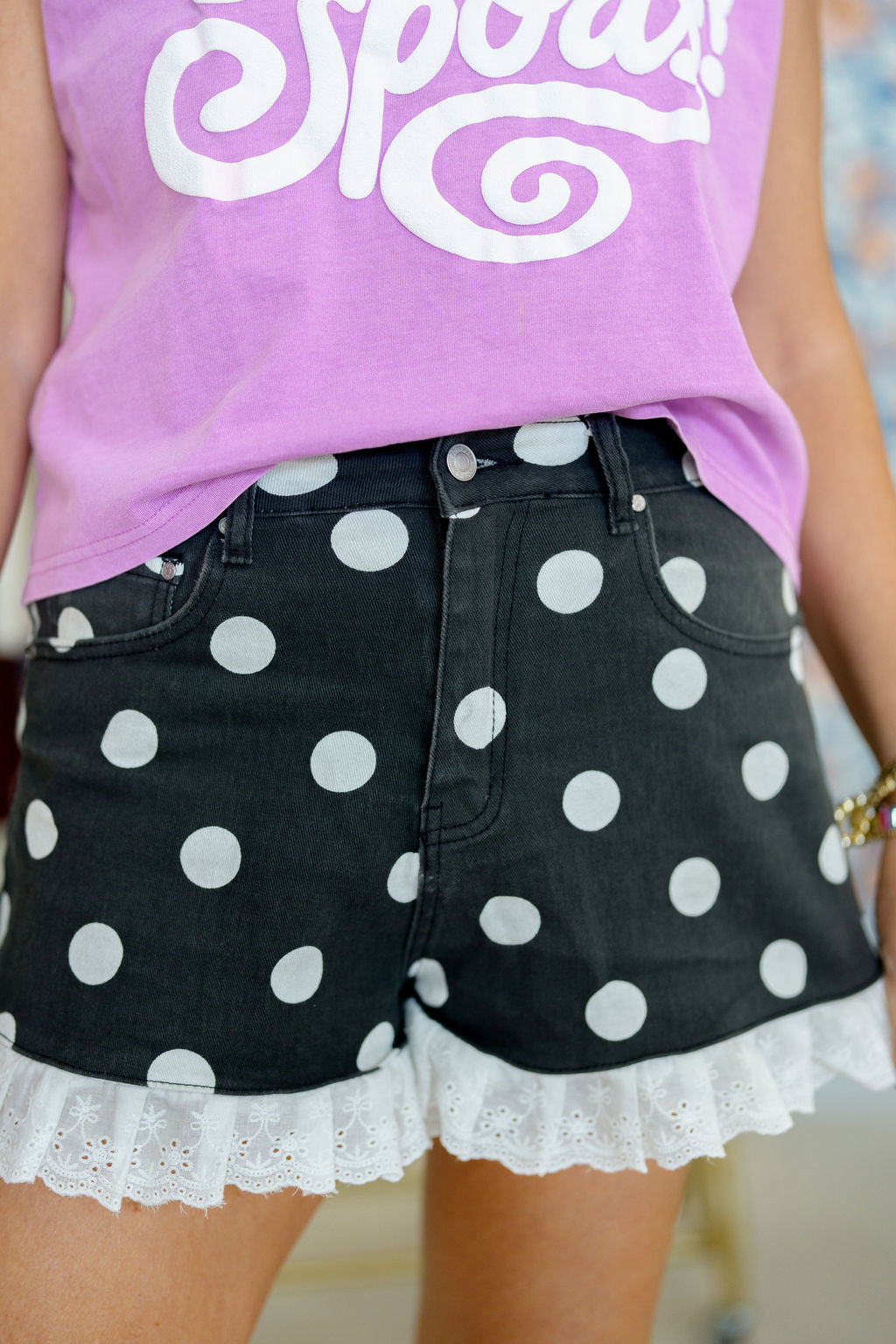 Black DOT Denim Ruffle Short – Tiffany's Tiny Boutique & Flower Truck