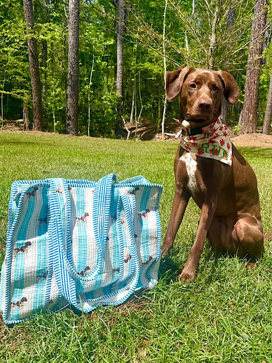 Rue in blue tote bag