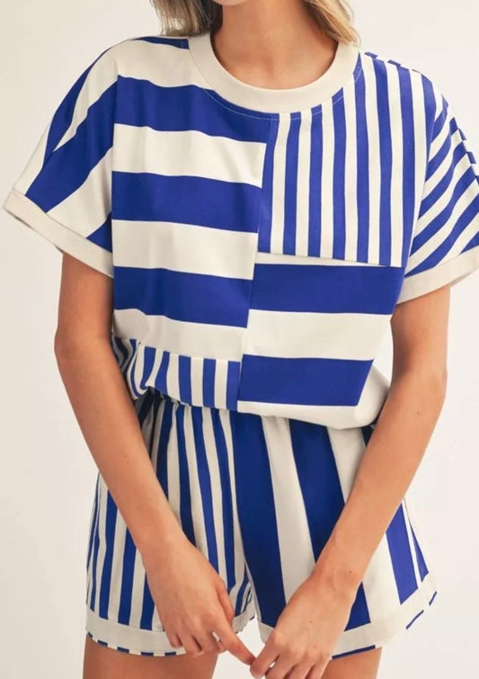 Blue & White Stripe Shorts Set
