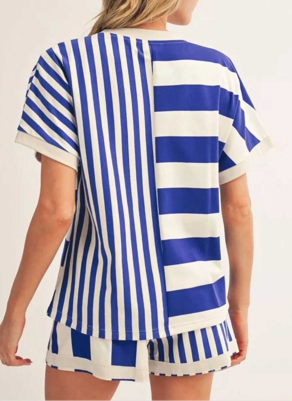 Blue & White Stripe Shorts Set